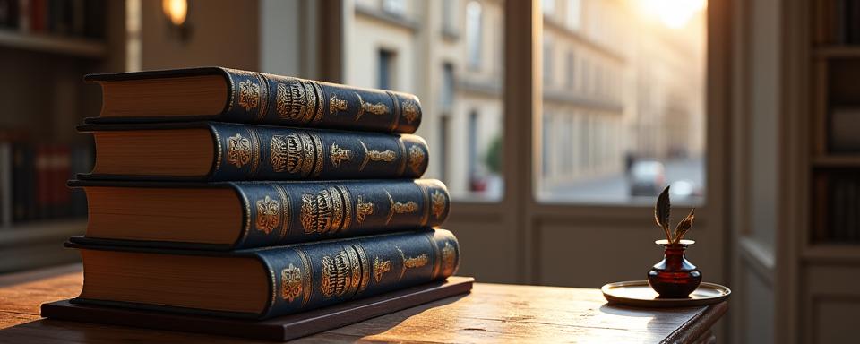 Pile de livres anciens dans une bibliothèque parisienne, lumière douce traversant une fenêtre