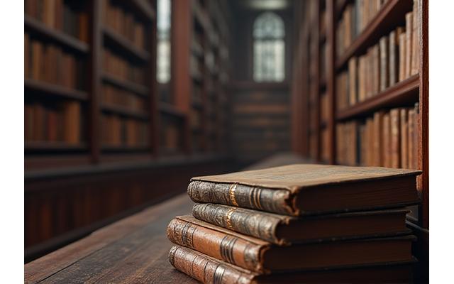 Image d'une bibliothèque ancienne avec des livres et des symboles de copyright